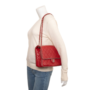 Chanel 2020 Red Quilted Calfskin Leather Large Running Chain Flap Bag W/ ity Card