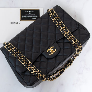Chanel Black Jumbo Classic Double Flap Bag In Caviar Leather With Gold Tone Hardware