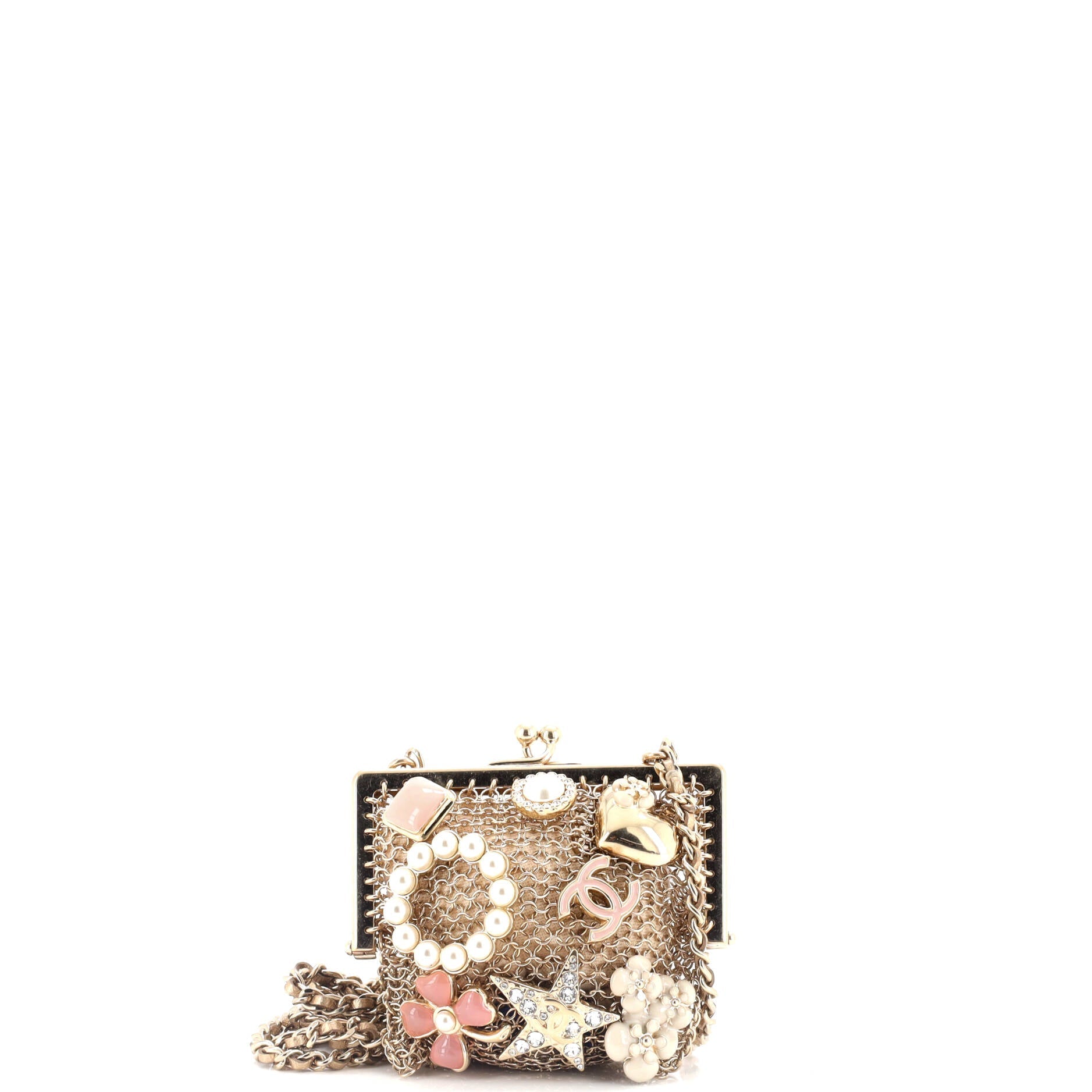 Cc Charm Kisslock Frame Clutch With Chain Embellished Metal Mesh Mini