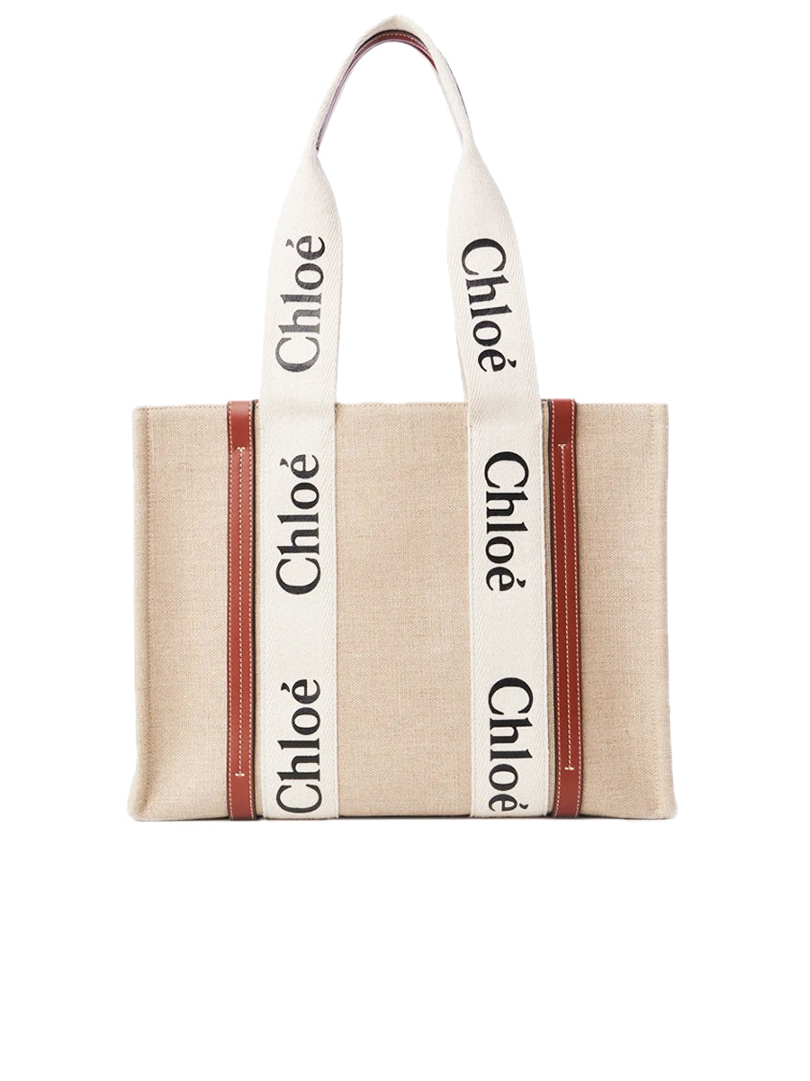 Medium Woody Tote Bag In Linen White/brown