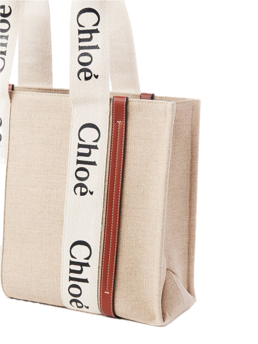 Medium Woody Tote Bag In Linen White/brown