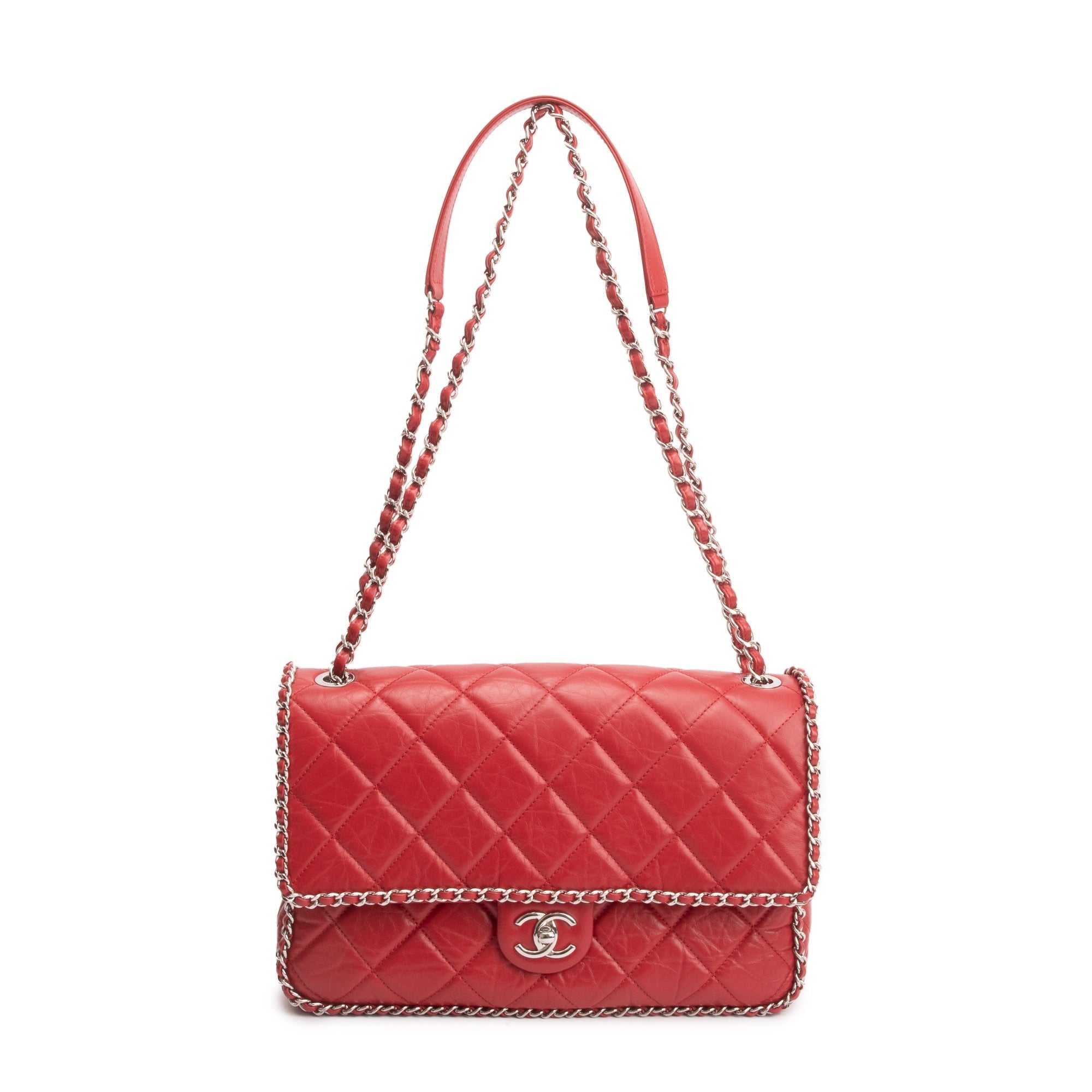 Chanel 2020 Red Quilted Calfskin Leather Large Running Chain Flap Bag W/ ity Card
