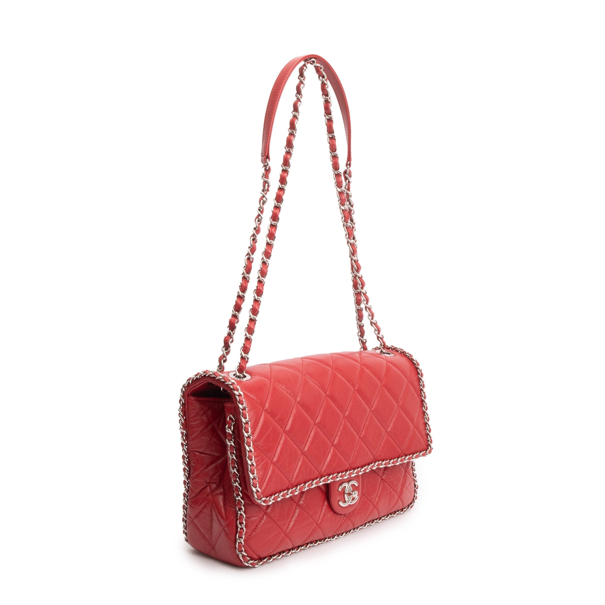 Chanel 2020 Red Quilted Calfskin Leather Large Running Chain Flap Bag W/ ity Card