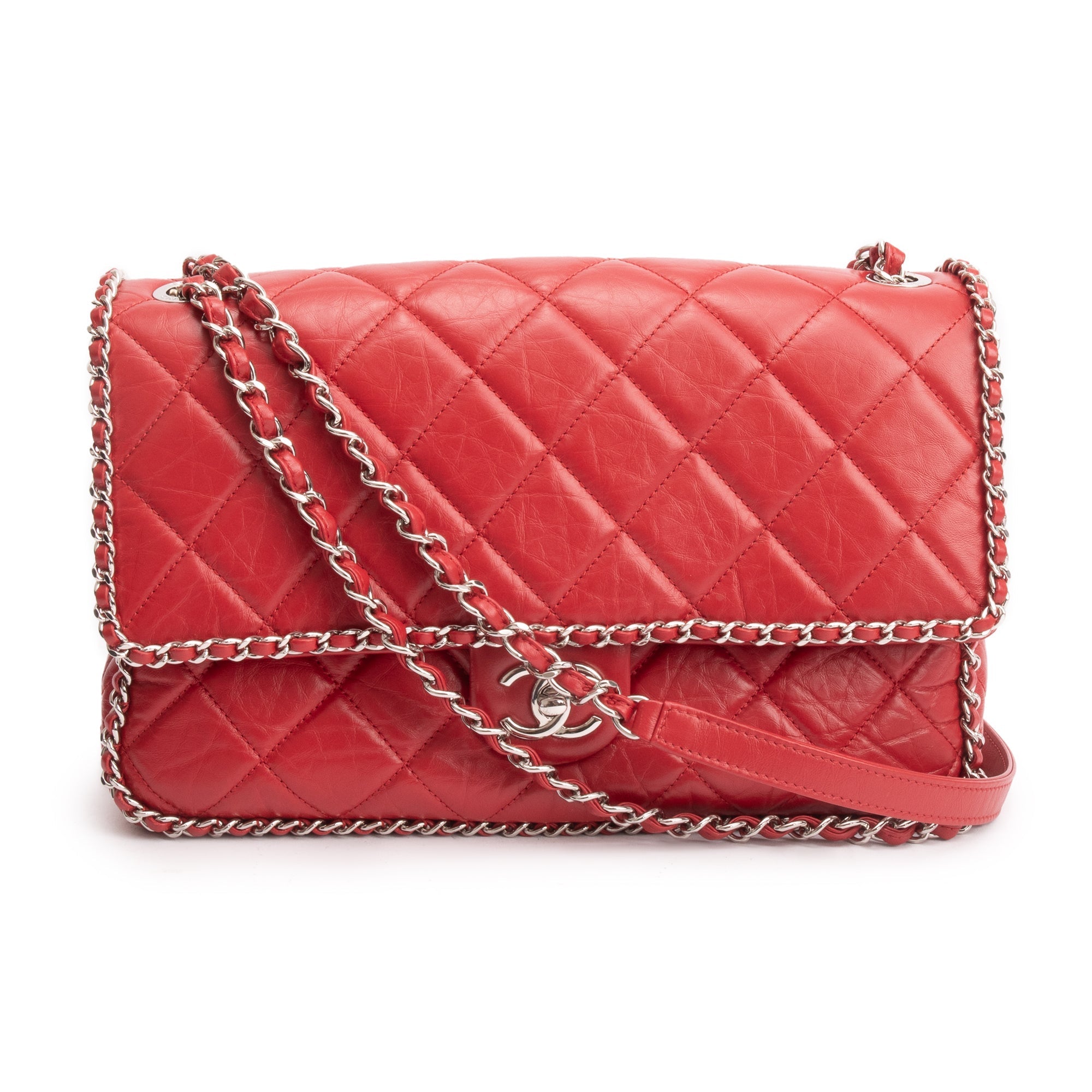 Chanel 2020 Red Quilted Calfskin Leather Large Running Chain Flap Bag W/ ity Card