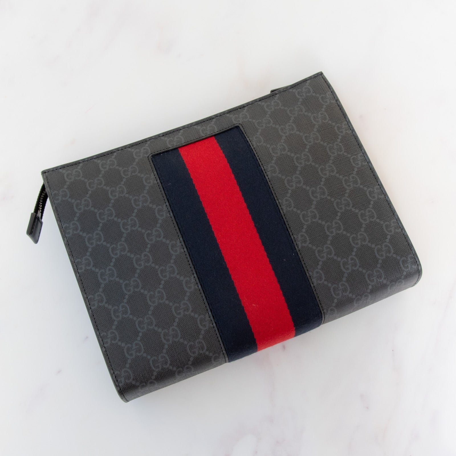 Gucci Gg Supreme Web Zipped Pouch Leather Clutch Bag