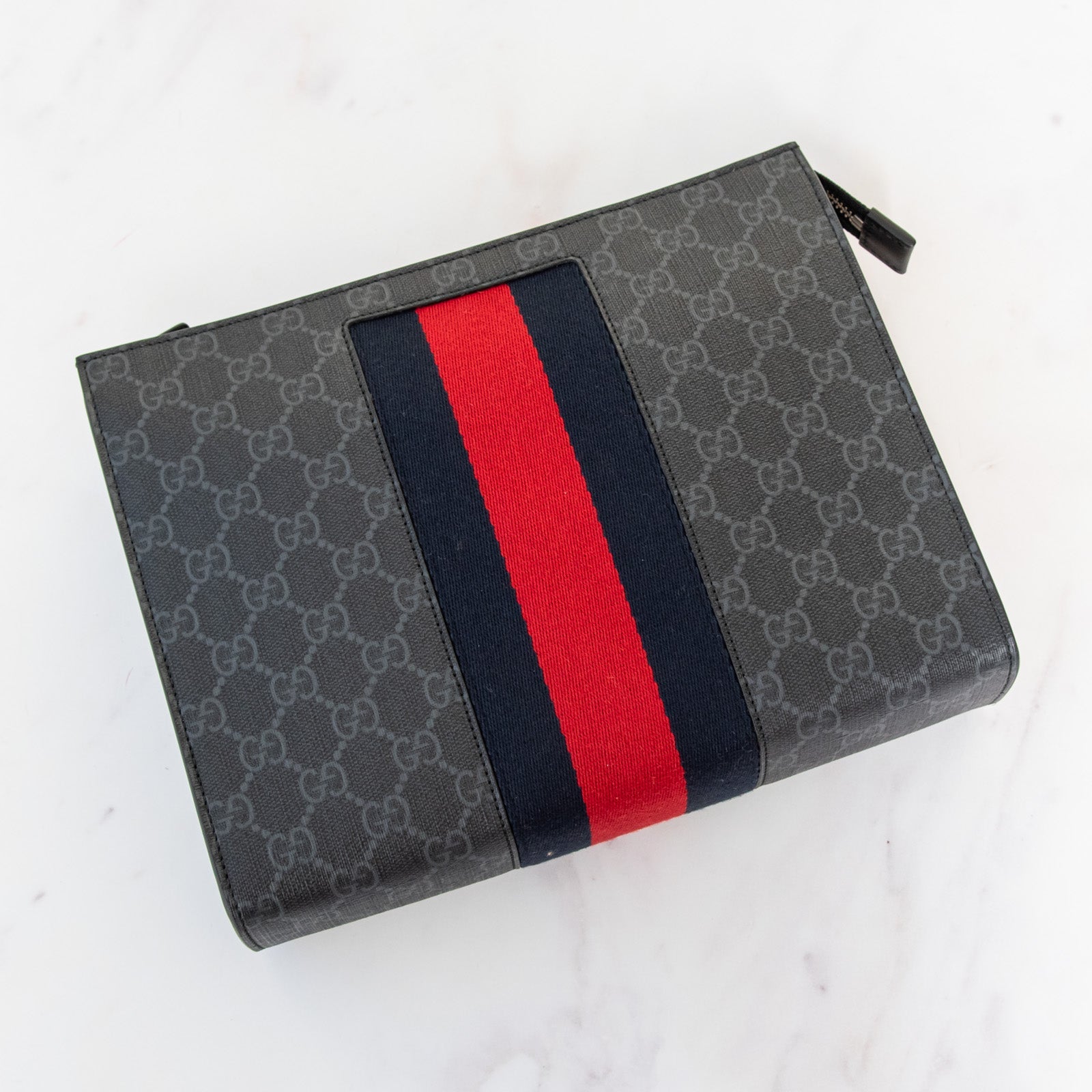 Gucci Gg Supreme Web Zipped Pouch Leather Clutch Bag