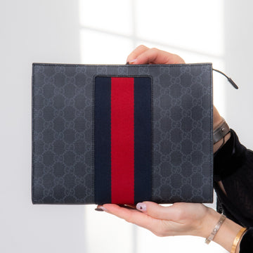 Gucci Gg Supreme Web Zipped Pouch Leather Clutch Bag