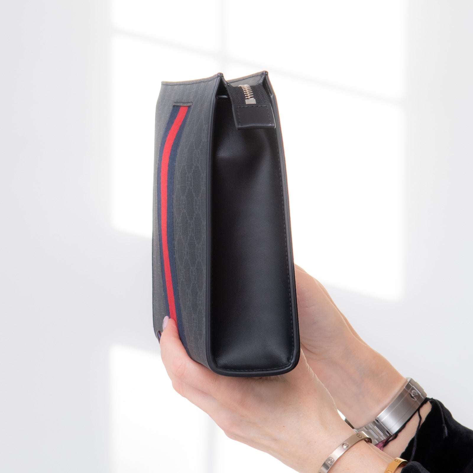 Gucci Gg Supreme Web Zipped Pouch Leather Clutch Bag