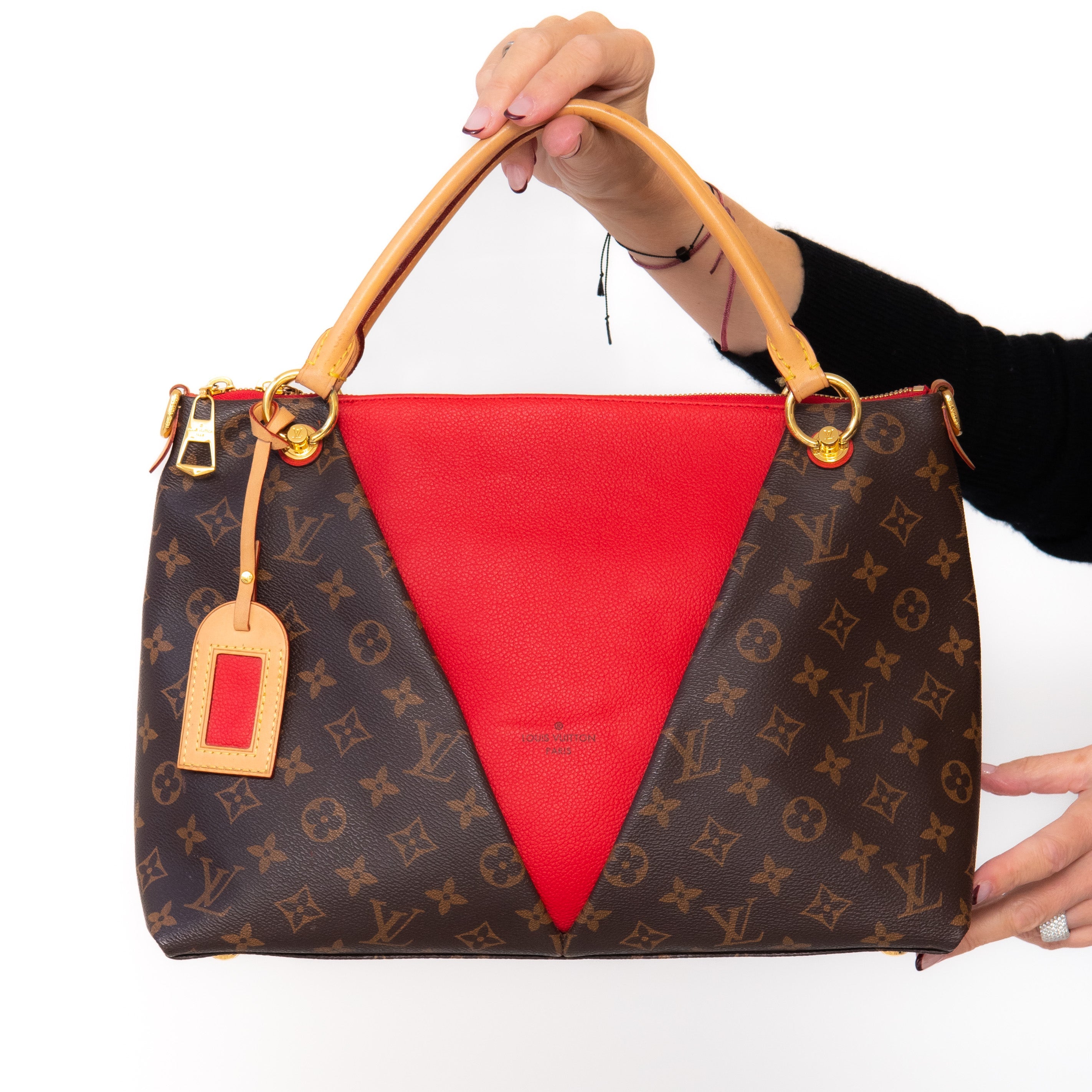 Louis Vuitton Cherry Red And Monogram Canvas And Leather V Tote Bag