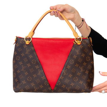 Louis Vuitton Cherry Red And Monogram Canvas And Leather V Tote Bag
