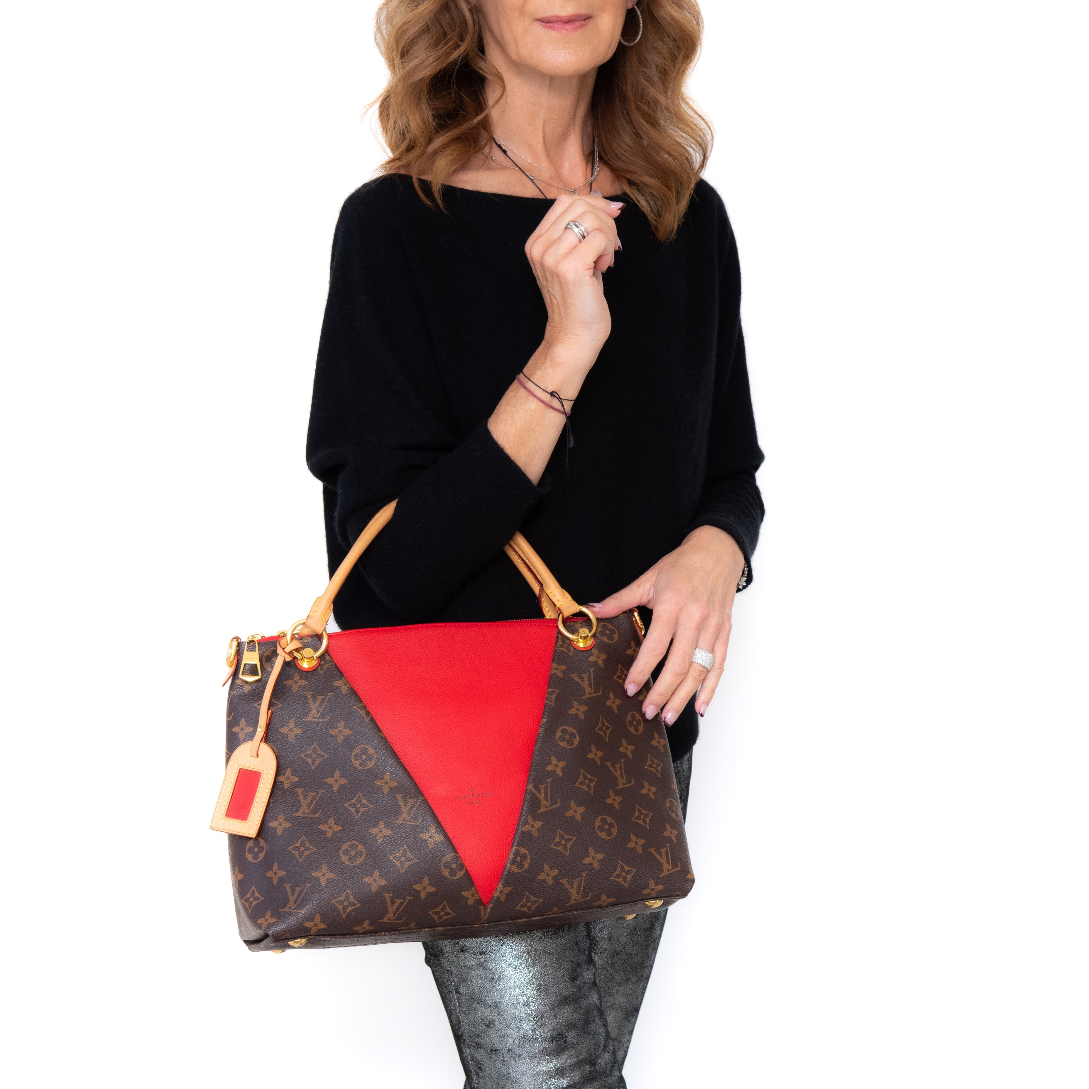 Louis Vuitton Cherry Red And Monogram Canvas And Leather V Tote Bag