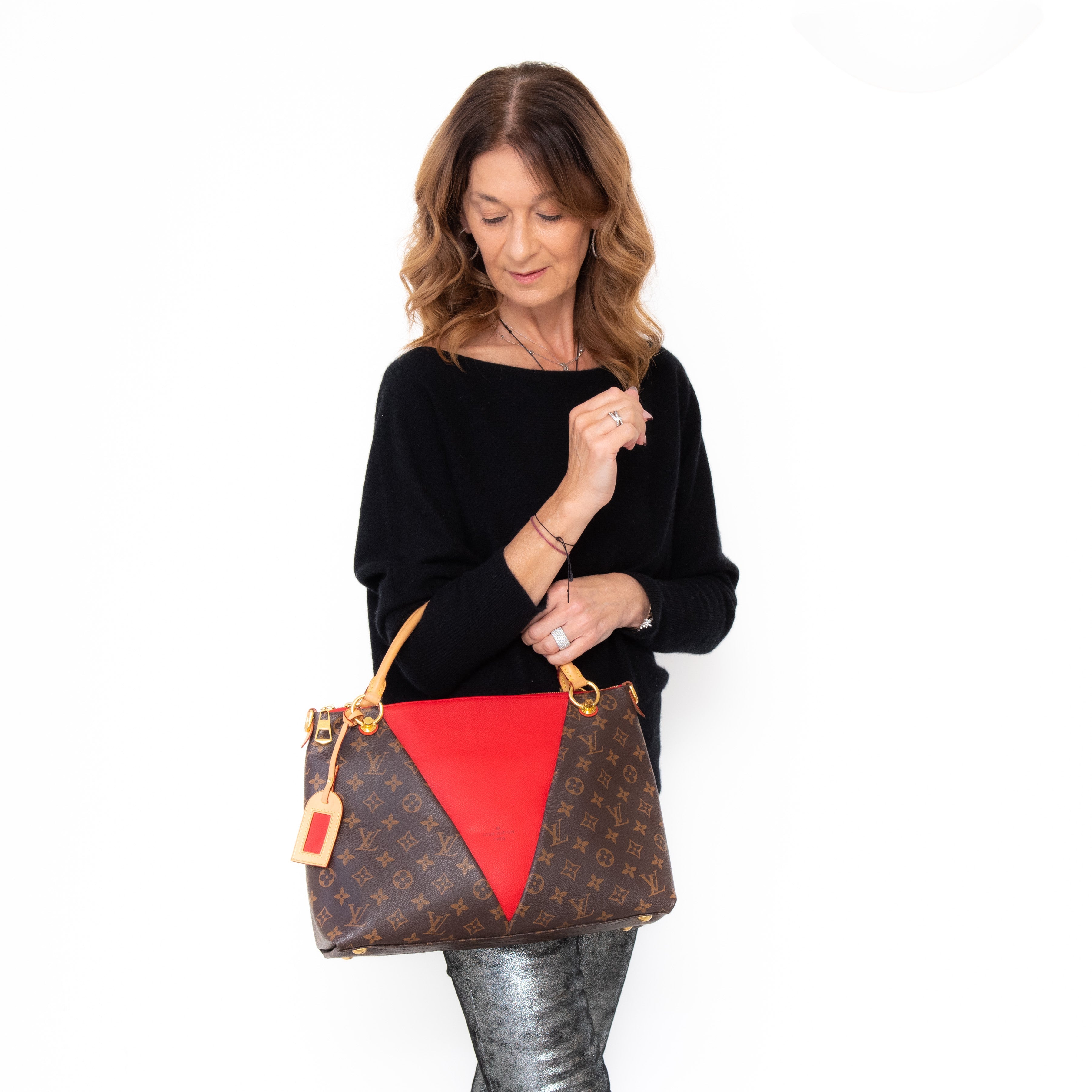 Louis Vuitton Cherry Red And Monogram Canvas And Leather V Tote Bag