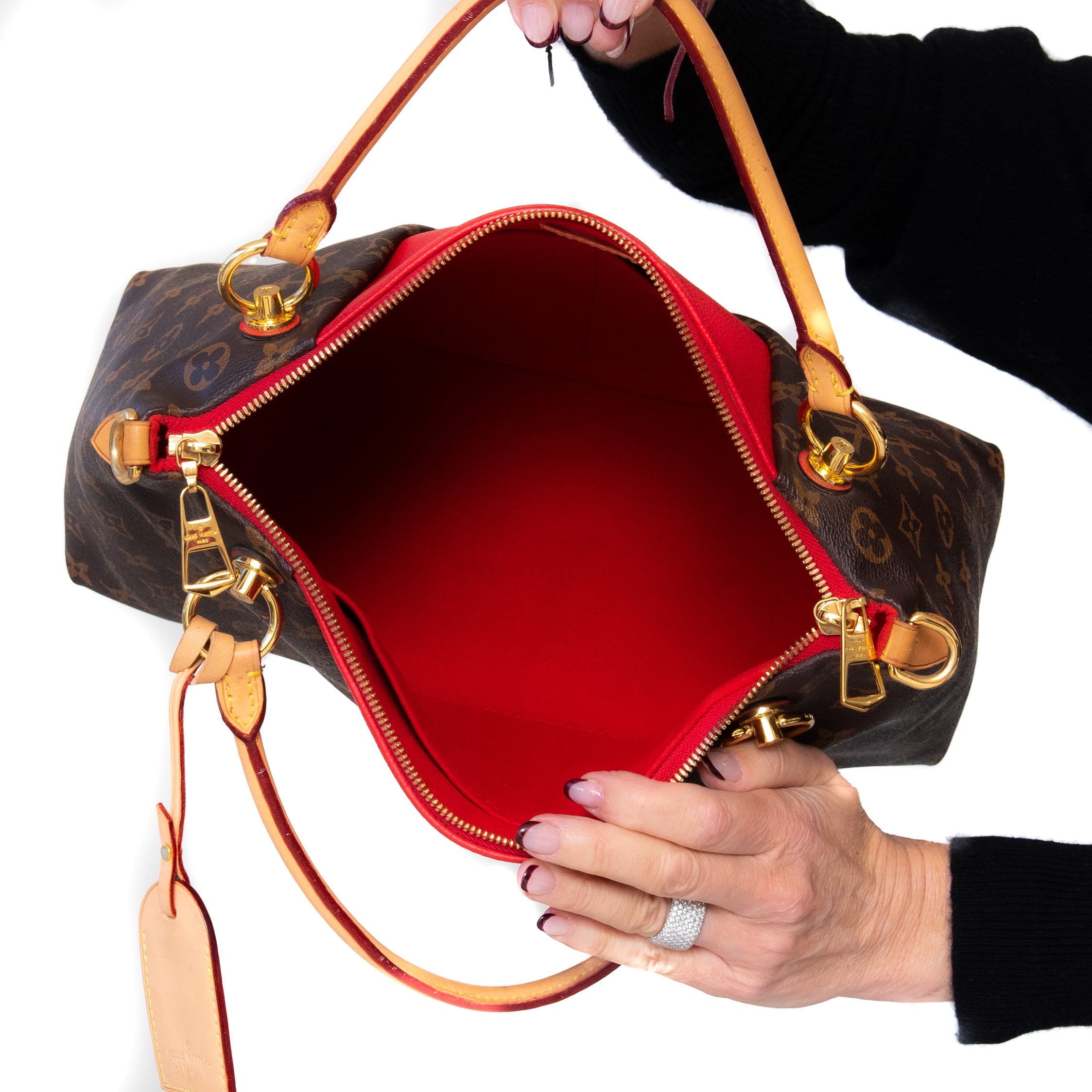 Louis Vuitton Cherry Red And Monogram Canvas And Leather V Tote Bag