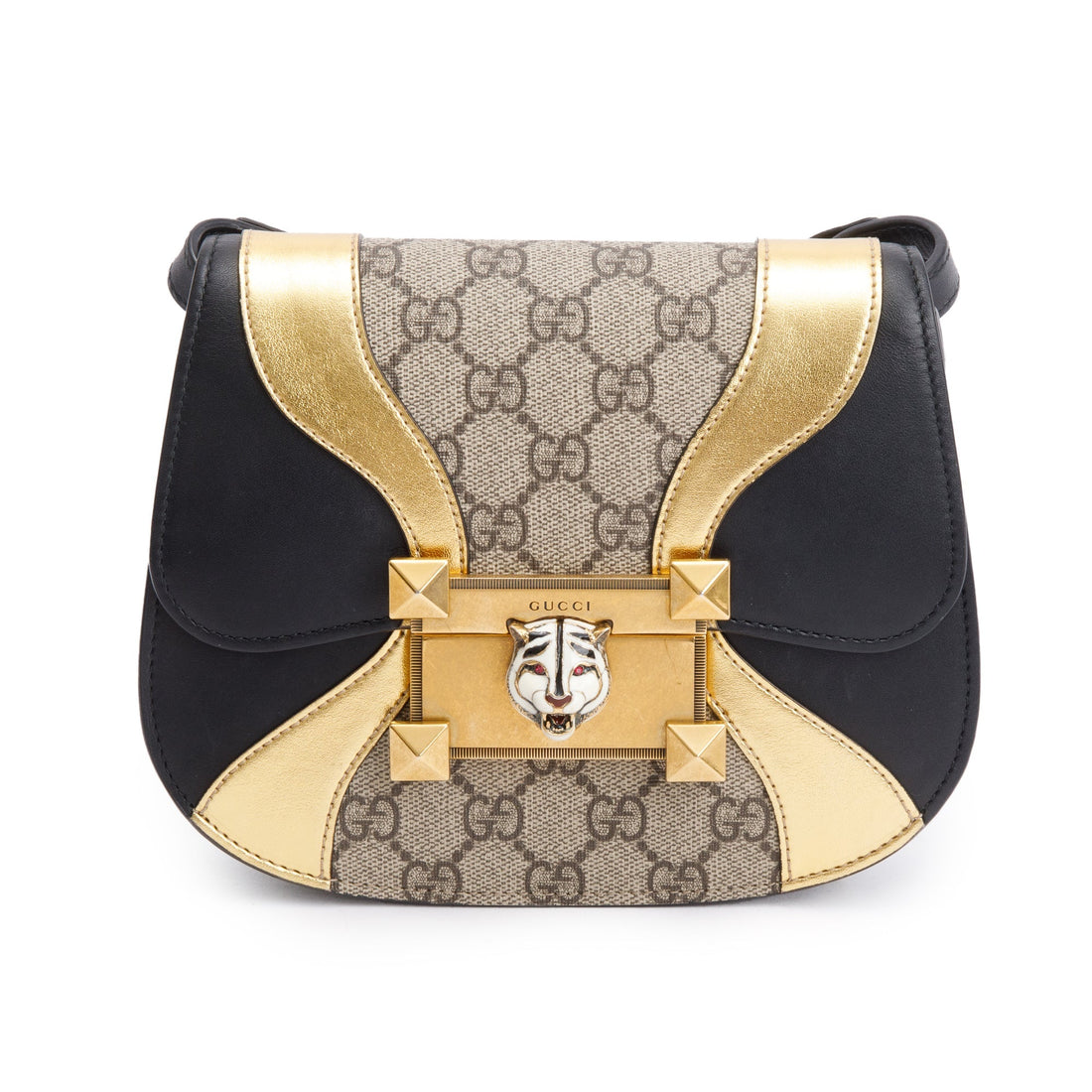 Gucci Black/gold Calfskin Leather Gg Supreme Osiride Crossbody Bag